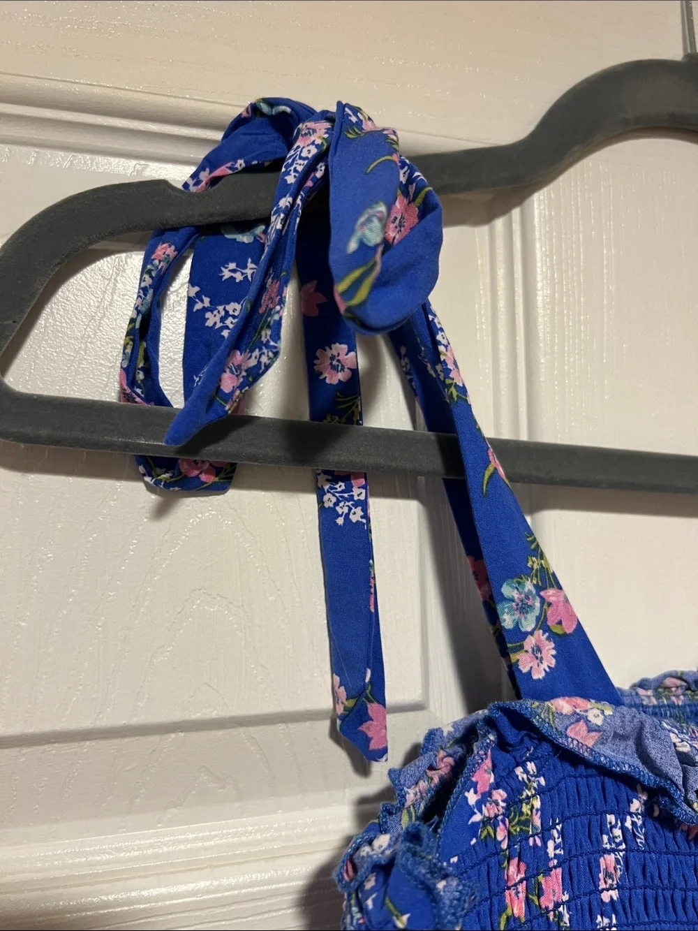 Girls Katie J Emerson Blue Floral Ruffle Skirted Dress with Tie Straps size L
